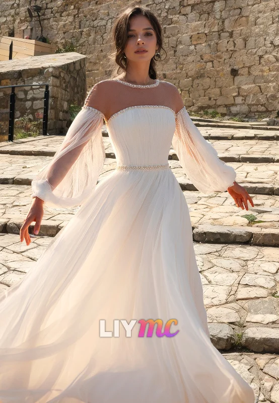 Scoop Long Sleeves Chiffon A-Line Boho Wedding Dress