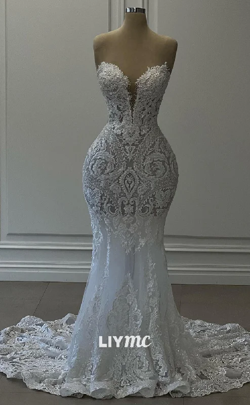 LW404 - Luxurious V-Neck Lace Appliques Mermaid Wedding Dress