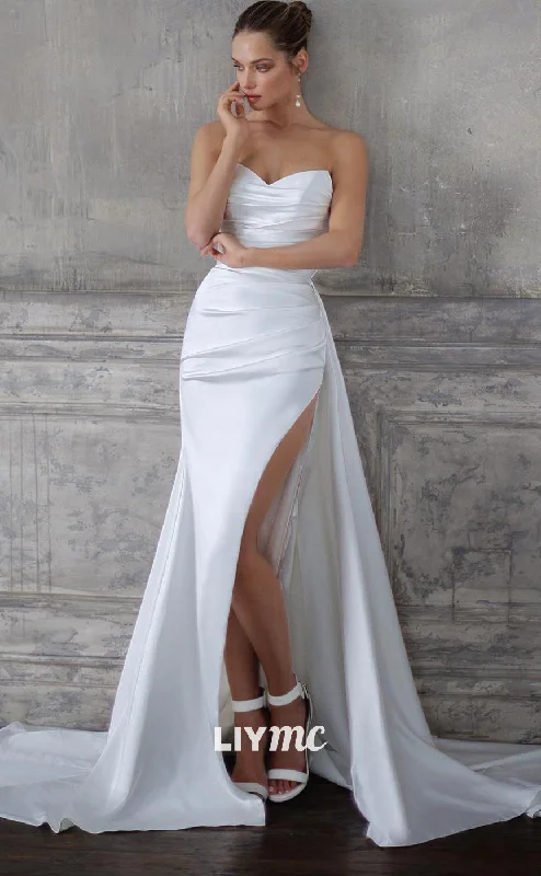 LW402 - Simple Off-Shoulder Ruched Sleek High Slit Satin Wedding Dresses