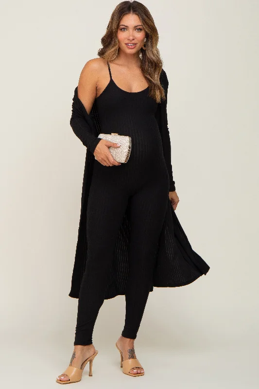 Black Ribbed Maternity Jumpsuit Two Piece Set