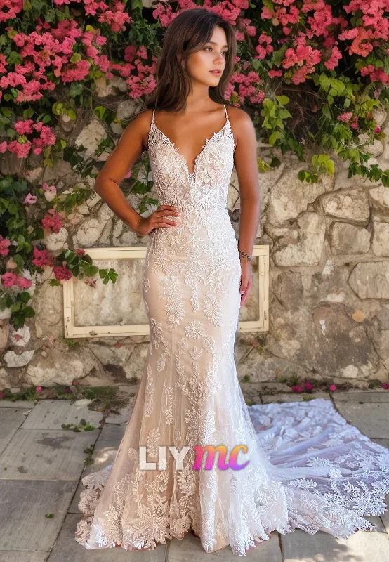 LW053 - Mermaid/Trumpet Spaghetti Straps Lace Appliqued Long Wedding Dress