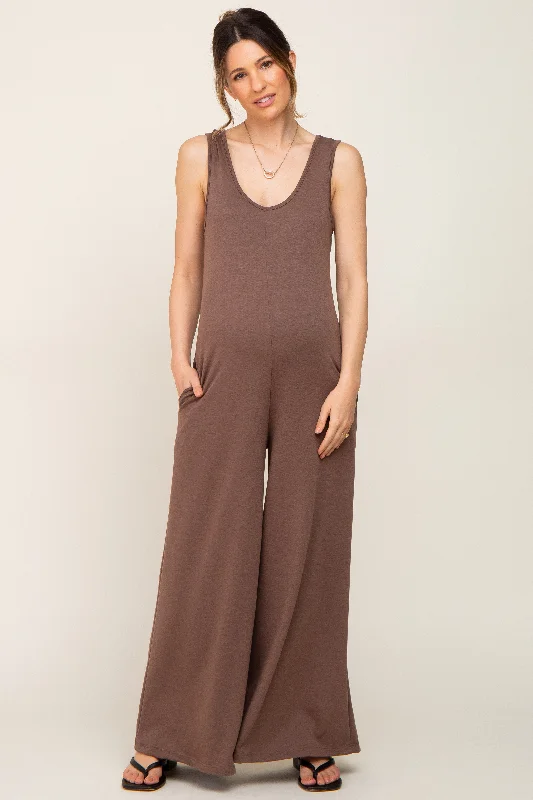 Mocha Wide Leg Sleeveless Maternity Jumpsuit