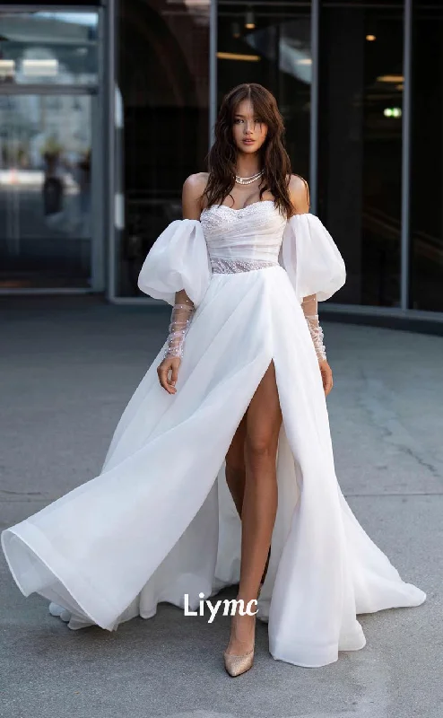 LW019 - A Line Sweetheart Beads Long Sleeves Boho Wedding Dress with Slit