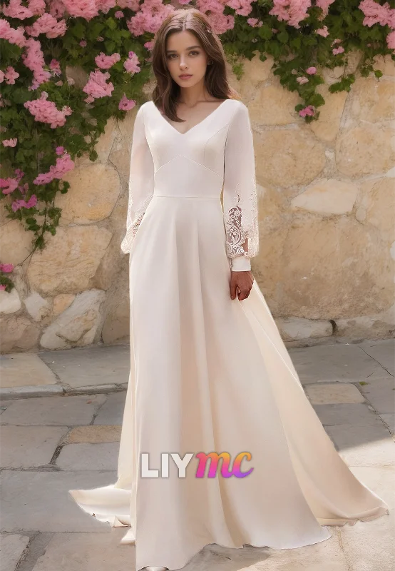 V-Neck Long Sleeves Pleated Appliques A-Line Wedding Dress