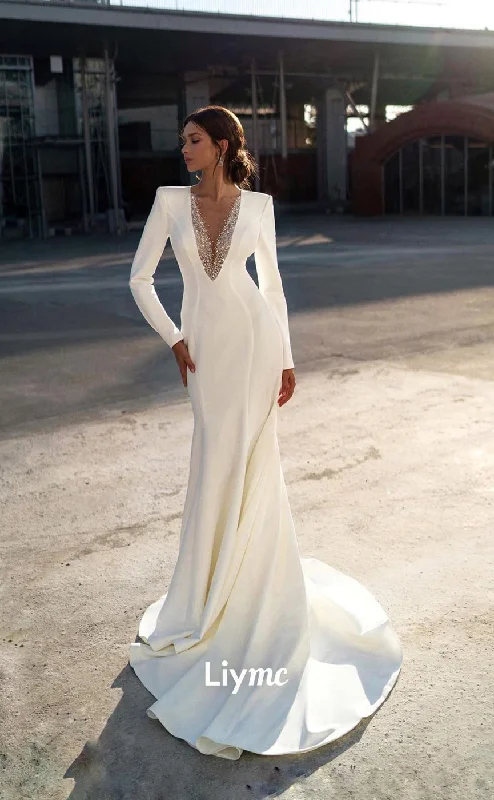 LW018 - Illusion V neck Beads Long Sleeves Mermaid Wedding Dress