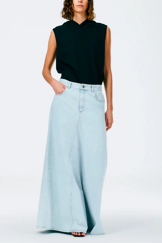 Bleached Denim Godet Maxi Skirt