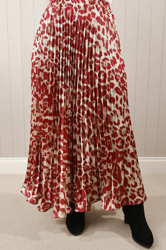 Satin pleated print skirt Red