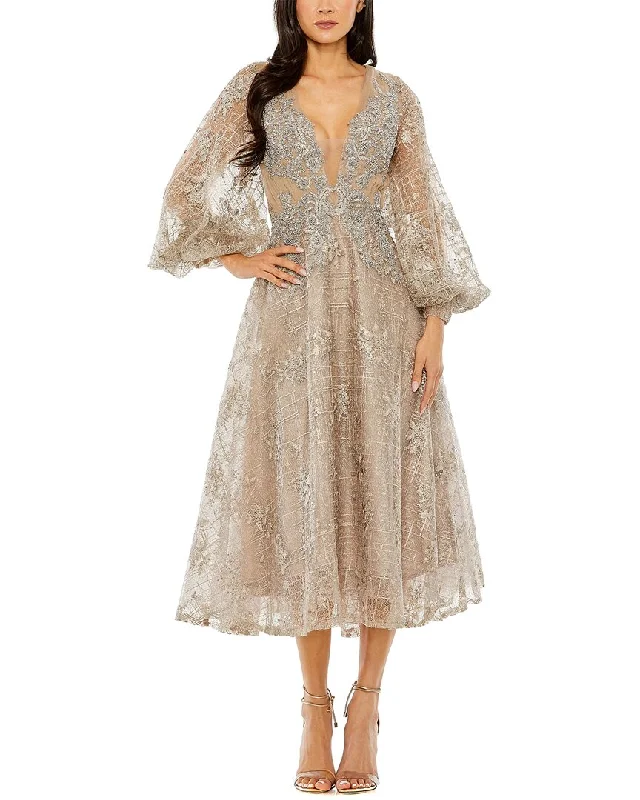 Mac Duggal Embellished Plunge Neck Bishop Sleeve Dress