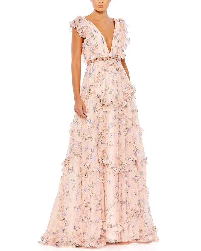 Mac Duggal Ruffled Floral Print Cap Sleeve Gown