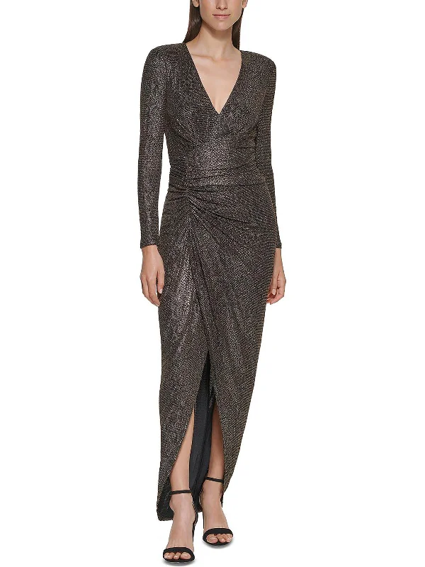 Petites Womens Metallic V-Neck Evening Dress