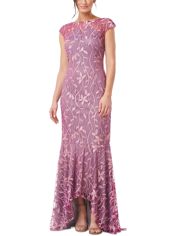 Womens Embroidered Hi-Low Evening Dress