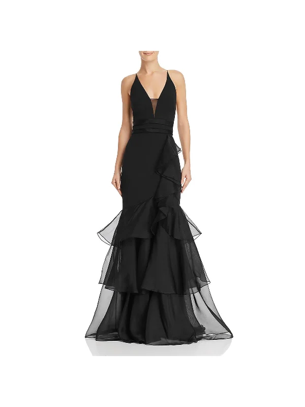 Womens Silk Ruffled Evening Dress