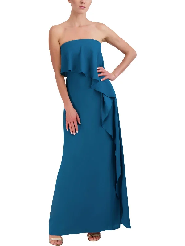 Womens Strapless Cascade Ruffle Evening Dress