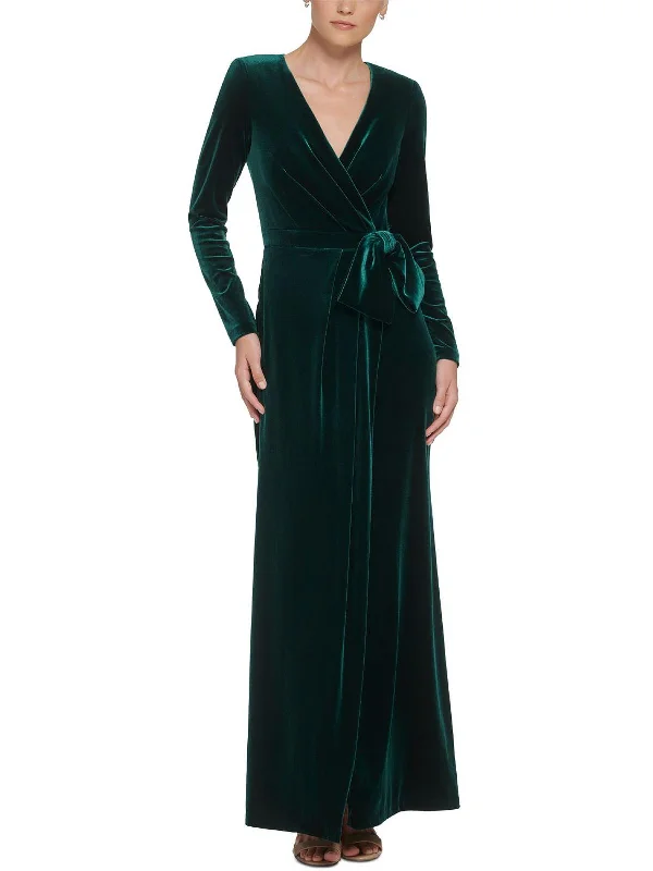 Womens Velvet Faux Wrap Evening Dress