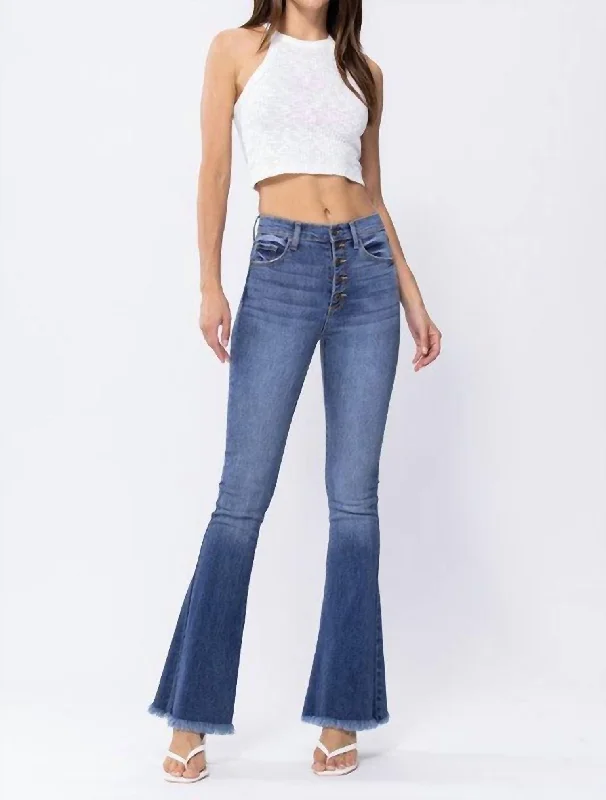 Frayed Hem Bell Bottoms In Medium Wash