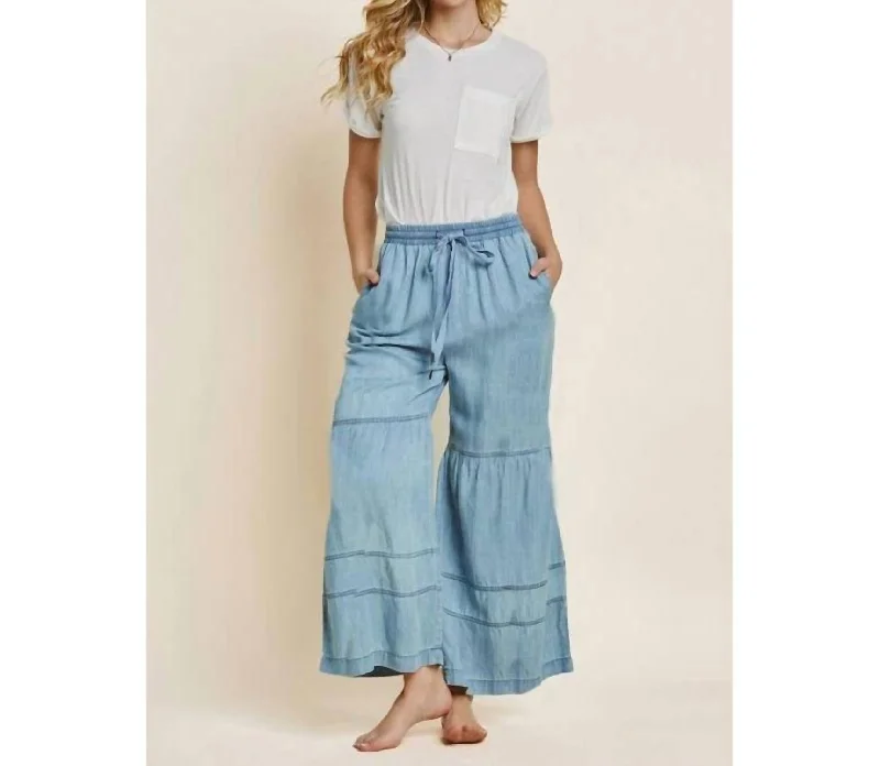 Maggie Tiered Wide Leg Pants In Washed Denim