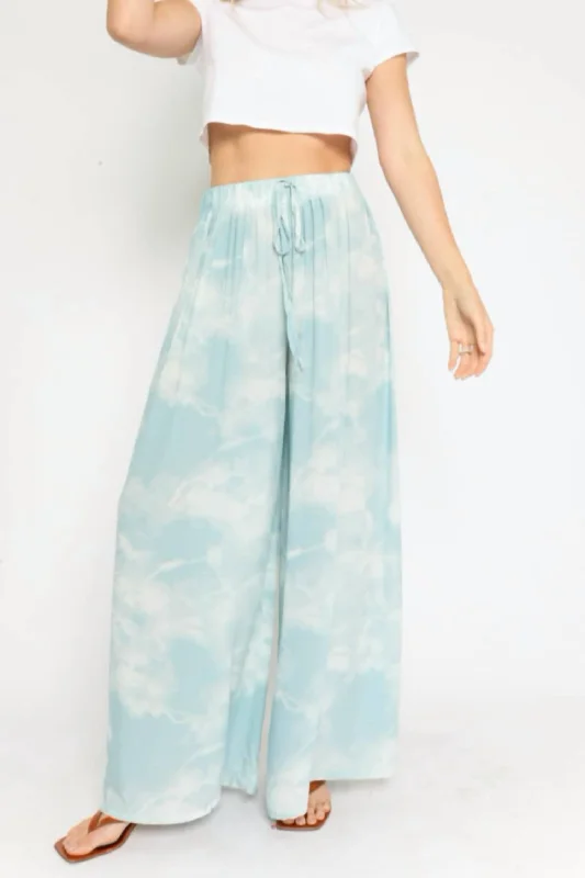 Wide Leg Drawstring Pant In Blue Tie Dye