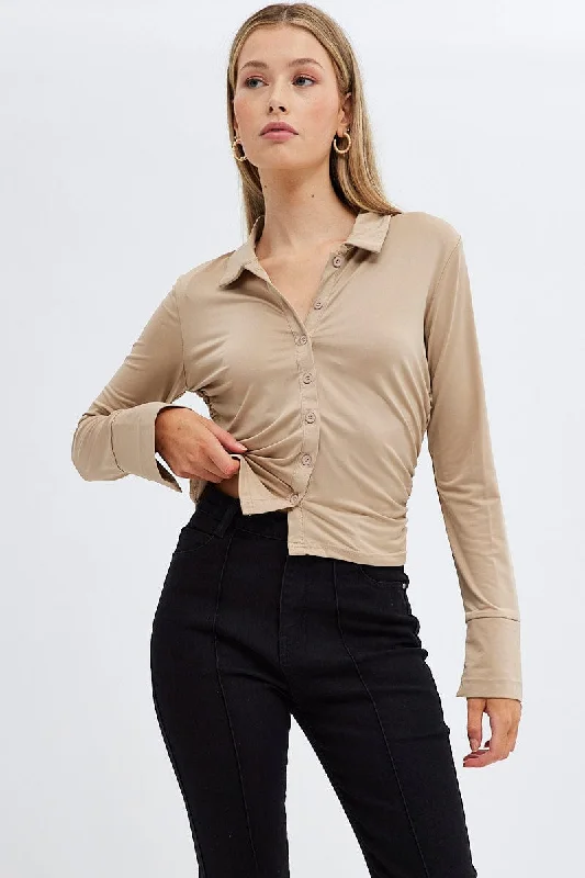 Beige Long Sleeve Shirt Collared Side Ruched