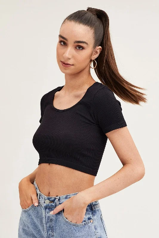 Black T Shirt Short Sleeve Round Neck Seamless