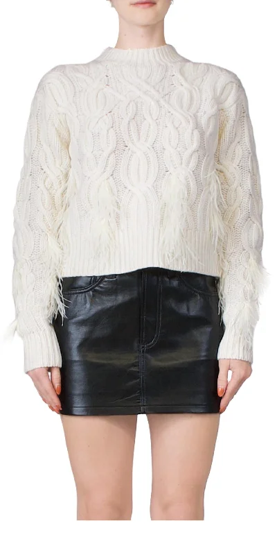 Feather Embellished Cable Sweater In Cream