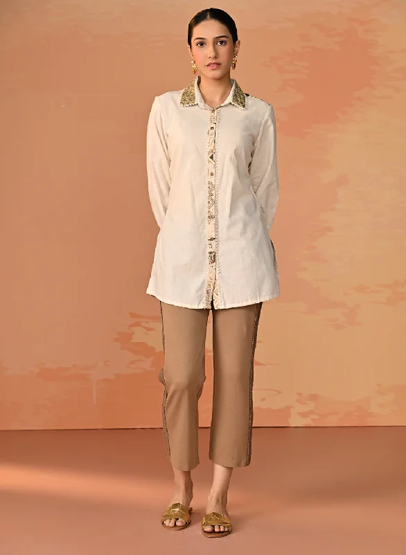 Gursheen Olive Embroidered Khadi Cotton Shirt for Women