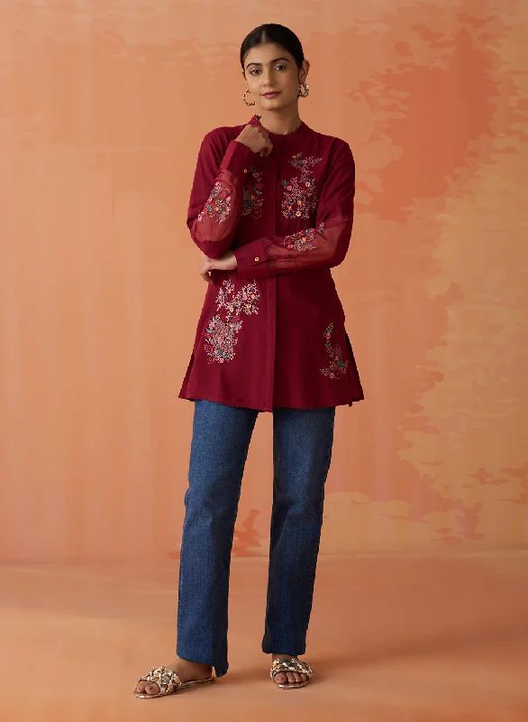 Kashni Maroon Embroidered Cotton Viscose Shirt for Women