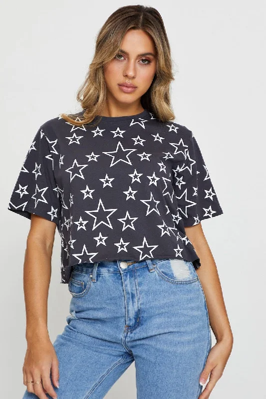 Print Short Sleeve Jersey All Over Star Print T Shirt