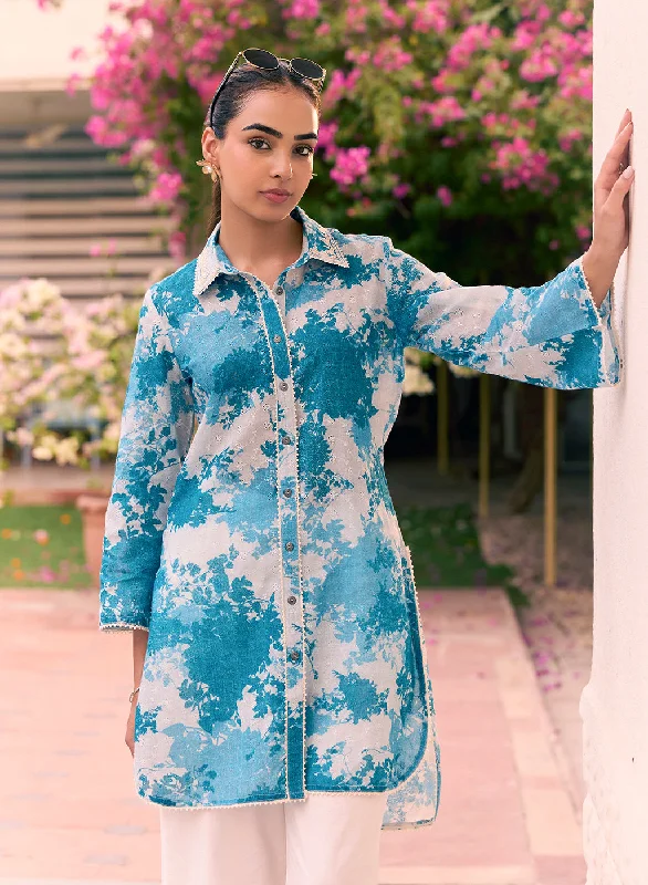 Zareena Blue Printed Schiffli Cotton Shirt