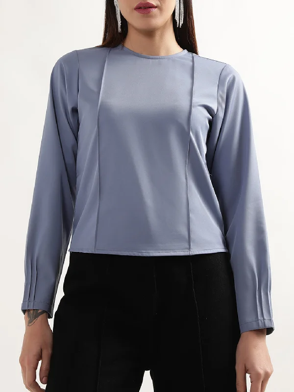 Centre Stage Women Blue Solid Round Neck Top