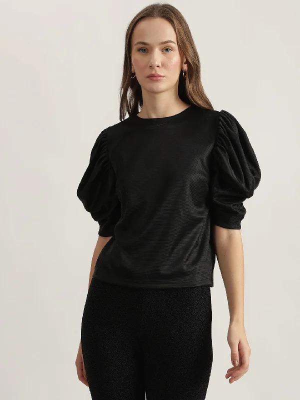 Centre Stage Women Black Solid Round Neck Short Sleeves Top