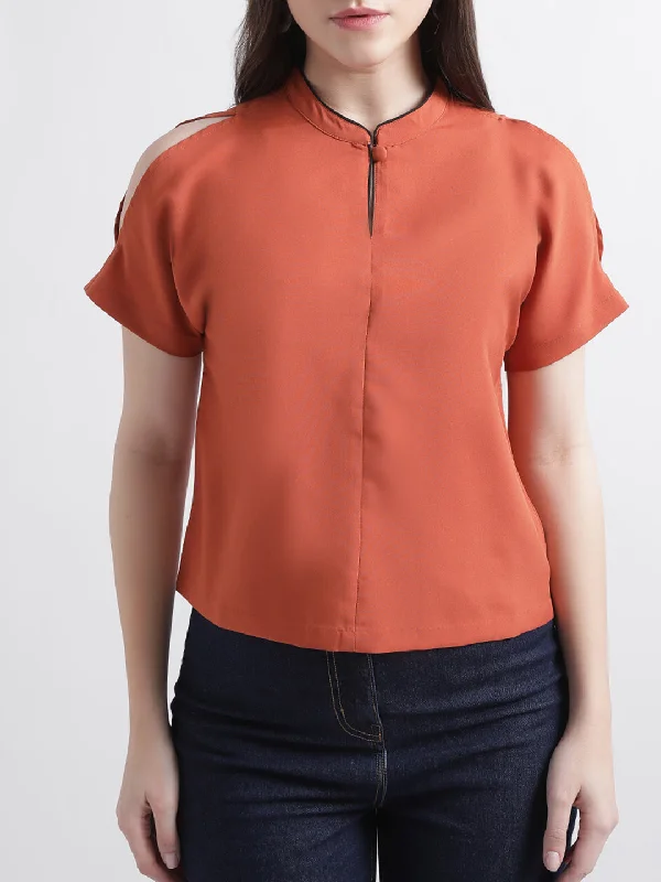 Centre Stage Women Rust Solid Band Collar Top