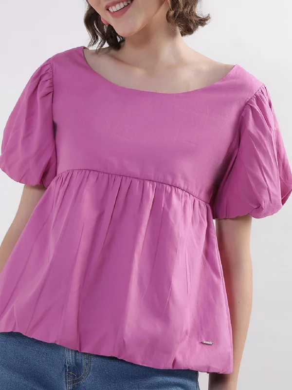 Elle Women Pink Solid Round Neck Top