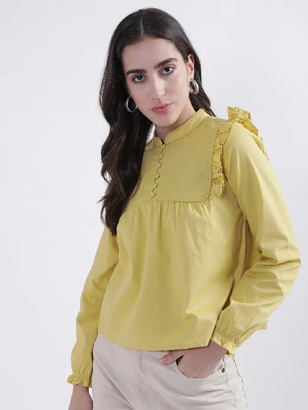 Elle Women Yellow Solid Round Neck Top