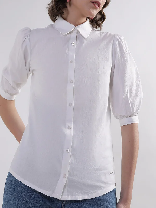 Elle Women White Solid Collar Top