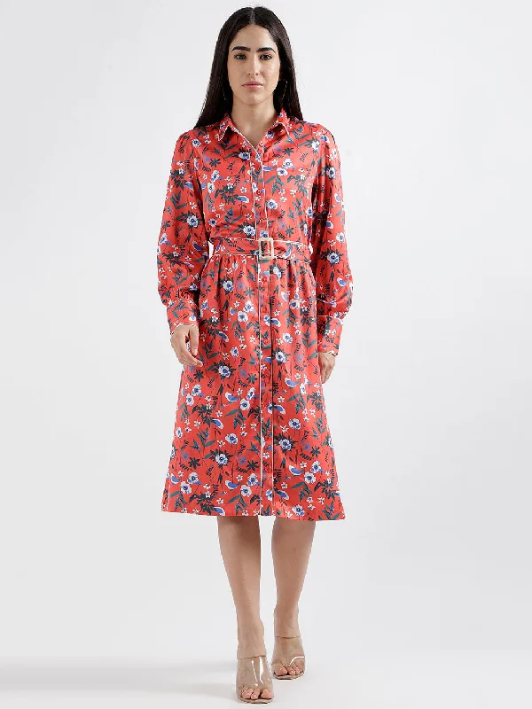 Elle Women Red Printed Spread Collar Full Sleeves Shirt Dress