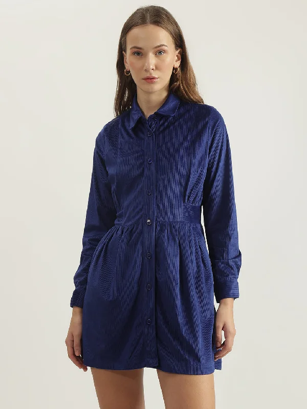 Elle Women Blue Solid Spread Collar Full Sleeves Shirt Dress