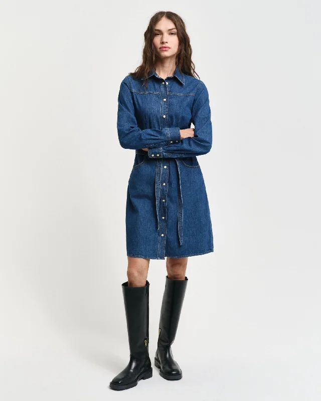 Gant Women Blue Solid Spread Collar Full Sleeves Shirt Dress