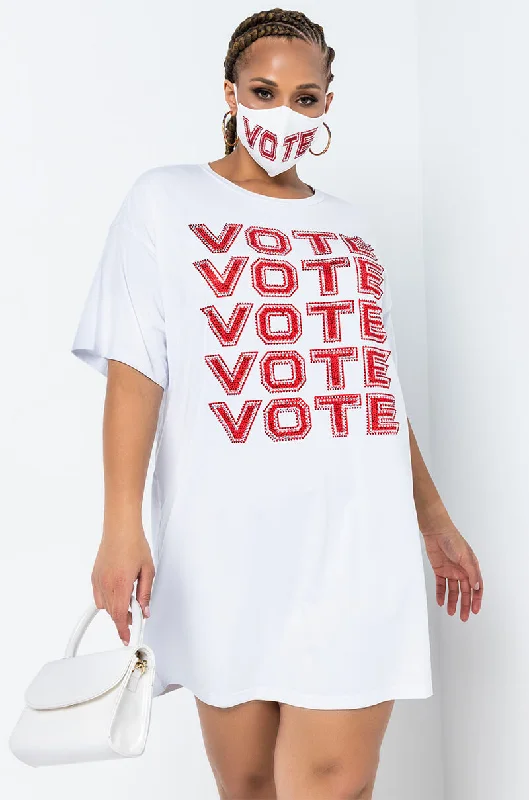 PLUS VOTE VOTE VOTE RHINESTONE T-SHIRT DRESS WHITE